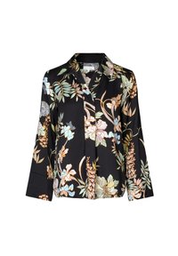 Schwarze Bluse mit floralen Mustern in hellen Farben, kragenförmigem Design, Knopfleiste und langen Ärmeln. Glatte Stoffstruktur.