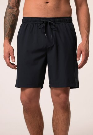 Marineblaue Badehosen aus leichtem Stoff, mit einem elastischen Bund und Kordelzug sowie einem geraden Saum.