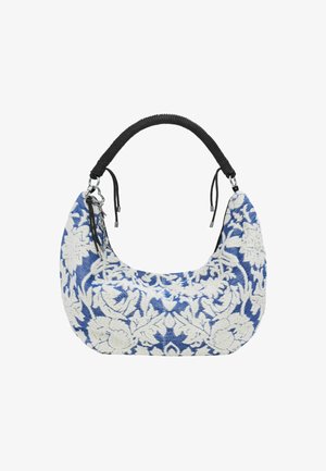 Borsa in tessuto con base blu e ricami floreali bianchi, dotata di manico testurizzato nero e accenti in metallo argentato.