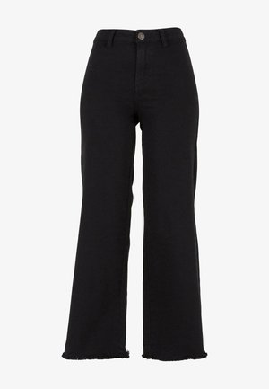 Black wide-leg pants made of denim, featuring a high waist, frayed hem, and a metal button closure at the front.