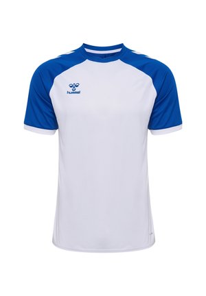 Weißes Sportshirt mit kurzen Ärmeln und blauen Raglanärmeln, ausgestattet mit einem runden Ausschnitt und dem "hummel"-Logo auf der Brust. Weicher, strukturierter Stoff.