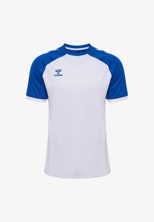 Weißes Sportshirt mit kurzen Ärmeln und blauen Raglanärmeln, ausgestattet mit einem runden Ausschnitt und dem "hummel"-Logo auf der Brust. Weicher, strukturierter Stoff.