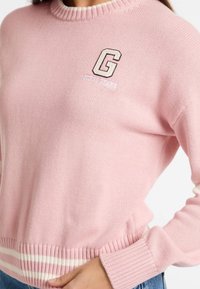 Svetlo roza pleteni pulover z rebrastim okroglim izrezom in rebrastim robom s črtami. Ima izrazit logotip "G" in vezenje "Guess Jeans".