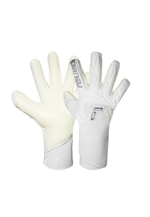 Pair of white goalkeeper gloves with textured grip, branded "reusch," showing palm and backhand views.