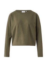 Oliwkowa, krótkia bluza z miękkiego, teksturowanego materiału, z zaokrąglonym dekoltem i długimi rękawami z dopasowanymi mankietami.
