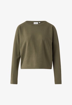 Oliwkowa, krótkia bluza z miękkiego, teksturowanego materiału, z zaokrąglonym dekoltem i długimi rękawami z dopasowanymi mankietami.