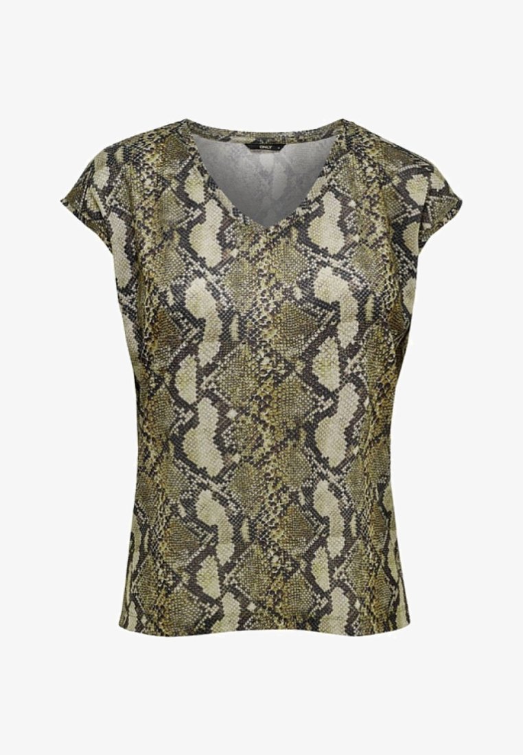 Short-sleeve, V-neck top featuring a snake skin pattern in green, beige, and black hues with a slightly textured fabric.