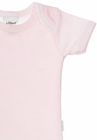Pink striped short-sleeve onesie made of soft fabric, featuring a round neckline and a tag with the brand "Liliput" on the collar.