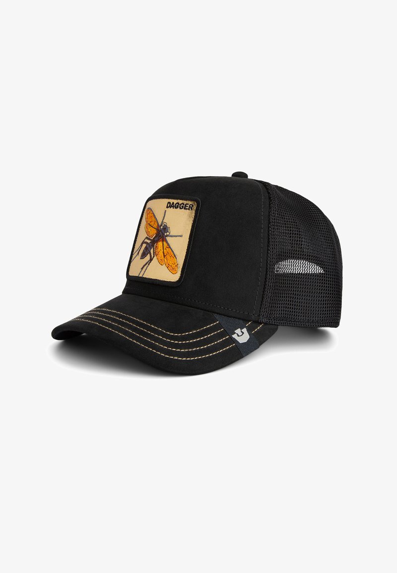 Black mesh-back trucker cap with beige patch showing an orange and black insect and the word "DAGGER" on the front panel.