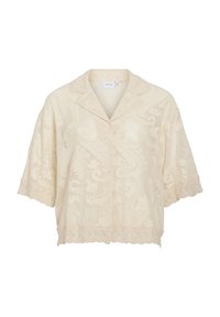 Camicia a maniche corte color crema con sofisticati motivi ricamati e bordo in pizzo. Presenta un colletto e chiusura con bottoni. Tessuto leggero.