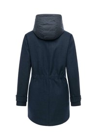 Navy wool blend coat with a quilted hood, cinched waist, and rolled cuffs. Smooth texture with subtle branding detail on the back.