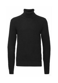 Suéter negro de cuello alto con un patrón texturizado de punto. Cuenta con mangas largas y puños y dobladillo de canalé.