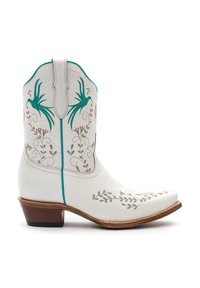 Stivale da cowboy in pelle bianca con ricamo floreale in verde e rosa, punta appuntita e tacco marrone a blocco. Presenta cuciture in stile western.