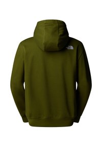 Olijfgroene hoodie met een trekkoord in de capuchon, ribgebreide manchet en onderrand, en een klein wit logo op de bovenrug. Gladde textuur, casual ontwerp.