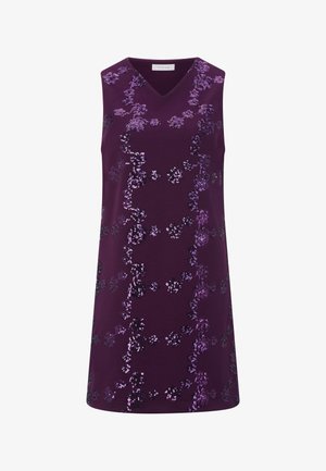 Robe violette sans manches avec un col en V, ornée de motifs floraux en sequins dans des tons de violet et de noir, fabriquée en tissu lisse.