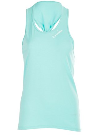 A mint green tank top made of smooth fabric, featuring a scoop neck and a cut-out detail at the back. Logo is printed on the front.