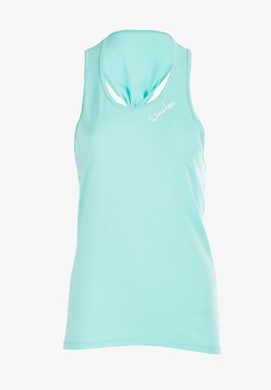 Een mintgroene tanktop van gladde stof, met een ronde hals en een uitsparing op de rug. Logo is op de voorkant gedrukt.
