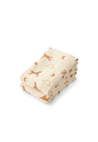 Muslin blanket in cream with orange dog and cloud patterns, folded in three. Lightweight, soft texture, suitable for comfortable use.