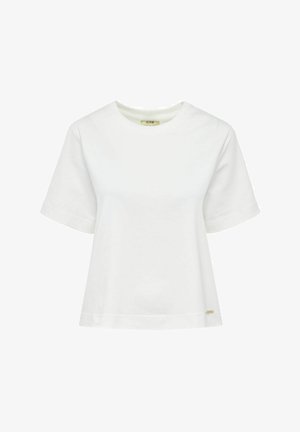 Biała bawełniana koszulka z luźnym krojem, krótkimi rękawami, okrągłym dekoltem i małym złotym logo na dolnym brzegu. Gładka faktura.
