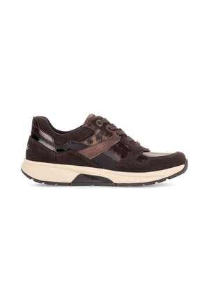 Dark brown lace-up sneaker with mixed suede and leather textures, beige sole, and low-top design.
