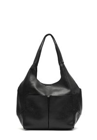 Borsa hobo in pelle nera con corpo arrotondato, doppi manici e due tasche frontali. Presenta una superficie testurizzata e una finitura liscia.