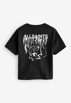 Czarna bawełniana koszulka z krótkim rękawem, okrągłym dekoltem i białym graficznym wzorem abstrakcyjnych twarzy na plecach z napisem "ALLSAINTS".