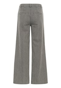 Housut, joissa on korkea vyötärö ja leveä lahje, mustavalkoisten pystysuorien raitojen kera, takana on avotaskut ja vyölenkit.