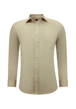Beige herenoverhemd met lange mouwen, knoopsluiting aan de voorkant en klassieke kraag, slim fit, met subtiel geborduurd logo op de borst.