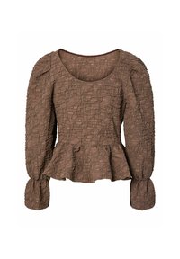 Blusa marrone con texture, orlo a peplum, scollatura rotonda e maniche a sbuffo. Il tessuto presenta una trama arricciata.