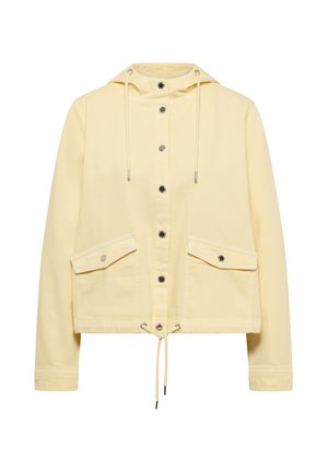 Hellgelbe Kapuzenjacke mit vorderen Druckknöpfen, Kordelzügen an Kapuze und Saum sowie zwei Klappentaschen mit Knöpfen.