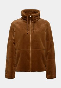 Veste en fausse fourrure marron avec col montant, fermeture éclair à l'avant, cordons de serrage au col, manches longues et texture douce et pelucheuse.