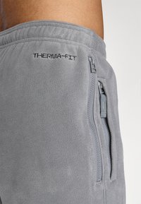 Sive Therma-Fit trenirke z mehko flis teksturo, z izšito logo in zadrgo na strani.