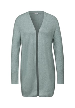 Lys grøn cardigan med V-hals, lange ærmer, ribbede manchetter og kant, samt et åbent frontdesign. Blød, strikket struktur med en glat finish.