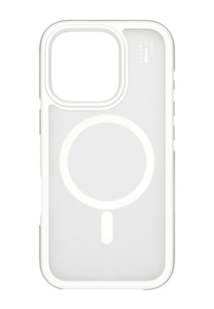 Witte beschermhoes voor telefoon met een grote vierkante uitsparing voor de camera en een cirkelvormig magnetisch oplaadsymbool aan de achterkant.