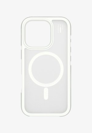 Witte beschermhoes voor telefoon met een grote vierkante uitsparing voor de camera en een cirkelvormig magnetisch oplaadsymbool aan de achterkant.