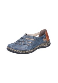 Leather slip-on shoe in blue with woven design and cutouts. Features a contrasting tan heel and textured black sole with beige accents.