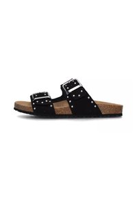 Sandali neri in suede con due cinturini regolabili e fibbie argentate. Presentano dettagli con borchie e una suola intermedia in sughero con una suola in gomma testurizzata.