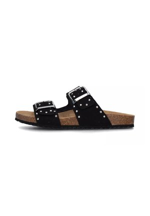 Sandali neri in suede con due cinturini regolabili e fibbie argentate. Presentano dettagli con borchie e una suola intermedia in sughero con una suola in gomma testurizzata.