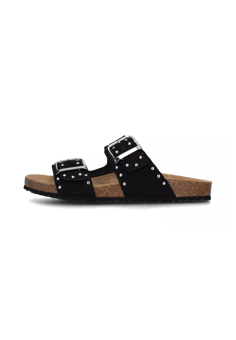 Sandali neri in suede con due cinturini regolabili e fibbie argentate. Presentano dettagli con borchie e una suola intermedia in sughero con una suola in gomma testurizzata.