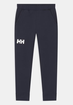 Marine blauwe sweatpants van zachte stof, met een elastische tailleband, twee zijzakken en een wit logo op de bovenste linkerbeen.
