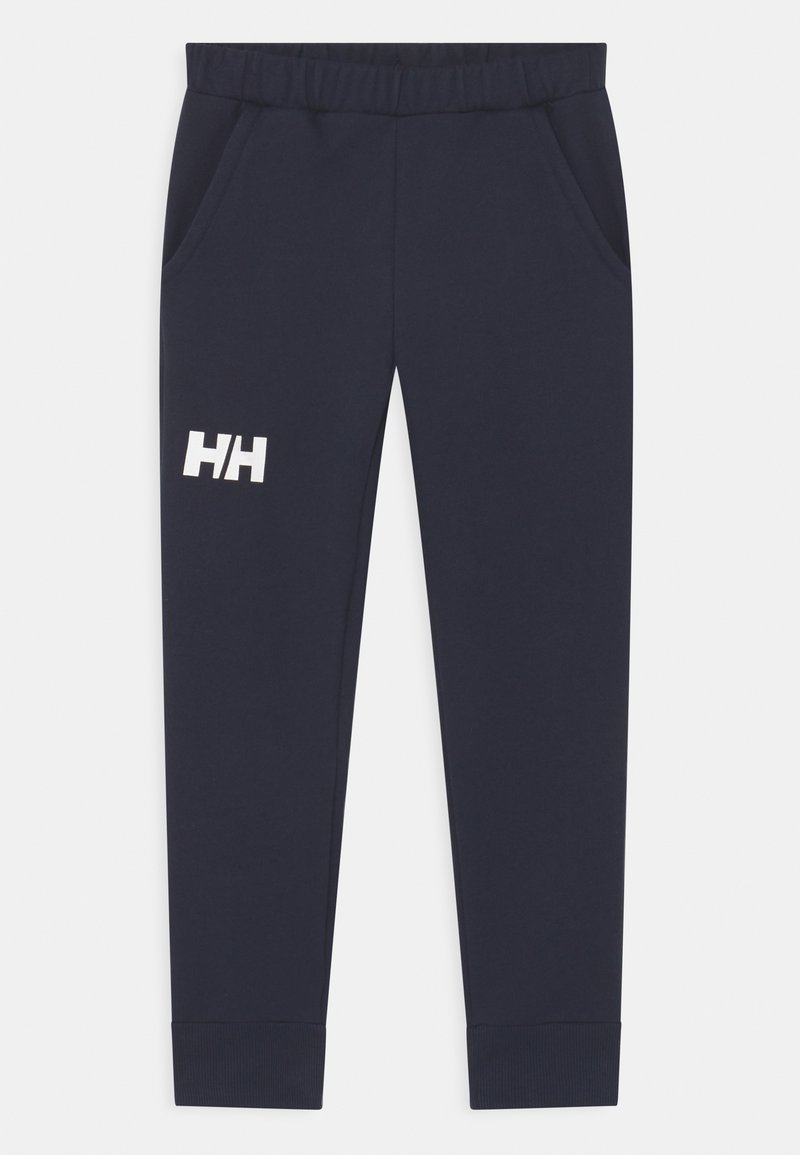 Pantalones de chándal azul marino hechos de tela suave, con banda elástica en la cintura, dos bolsillos laterales y un logo blanco en la parte superior de la pierna izquierda.