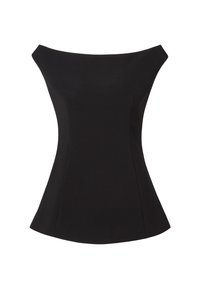 Čierny top bez ramienok s priliehavým živôtikom a rozšíreným okrajom. Hladká, pružná látka s čistými líniami a bez viditeľných zapínaní.