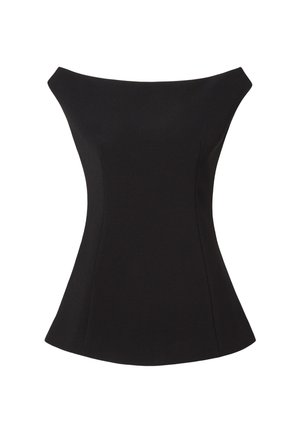 Černý top s odhalenými rameny, přiléhavým živůtkem a rozšířeným lemem. Hladká, elastická látka s čistými liniemi a bez viditelných zapínání.