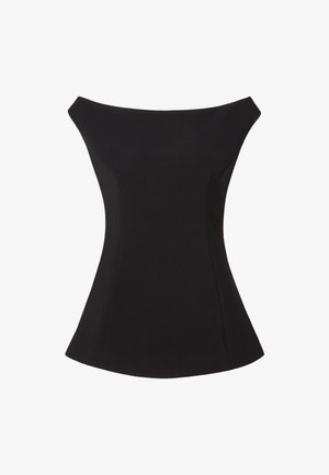 Black off-the-shoulder top with a fitted bodice and flared hem. Smooth, stretchy fabric with clean lines and no visible fastenings.