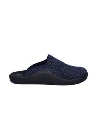 Navy blue slippers with textured woven upper, black rubber sole, and closed back design. Lightweight and flexible construction.