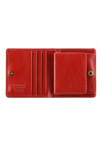 Red leather wallet featuring a textured finish, multiple card slots, and a fold-out section for additional storage. Brass snap closure.