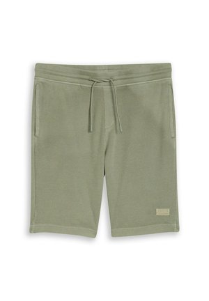 Pantaloncini in tessuto a maglia verde chiaro con vita con coulisse e tasche laterali, lunghezza fino al ginocchio, con una piccola toppa rettangolare vicino all'orlo.