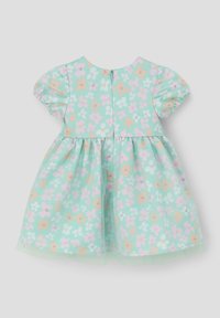 Mintgrünes Kleid mit kurzen Puffärmeln, Blumendruck in Pink, Weiß und Orange, gerafftem Rock und einem Reißverschluss auf der Rückseite.