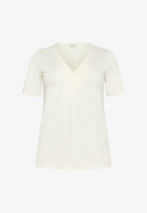 Biała koszulka krótki rękaw z dekoltem w serek i marszczeniem na biuście. Wykonana z miękkiego, elastycznego materiału o luźnym kroju.