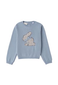 Maglione lavorato a maglia azzurro chiaro con un design di coniglio in motivo pied-de-poule e un accento a fiocco. Dettagli con polsini e orlo a coste.